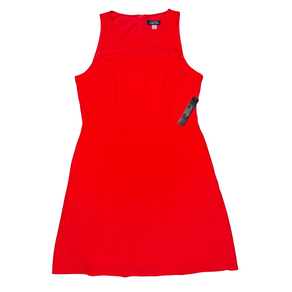 💙💖 Tahari Sleeveless Red Laser Cut Dress Minimalist Career Business Casual